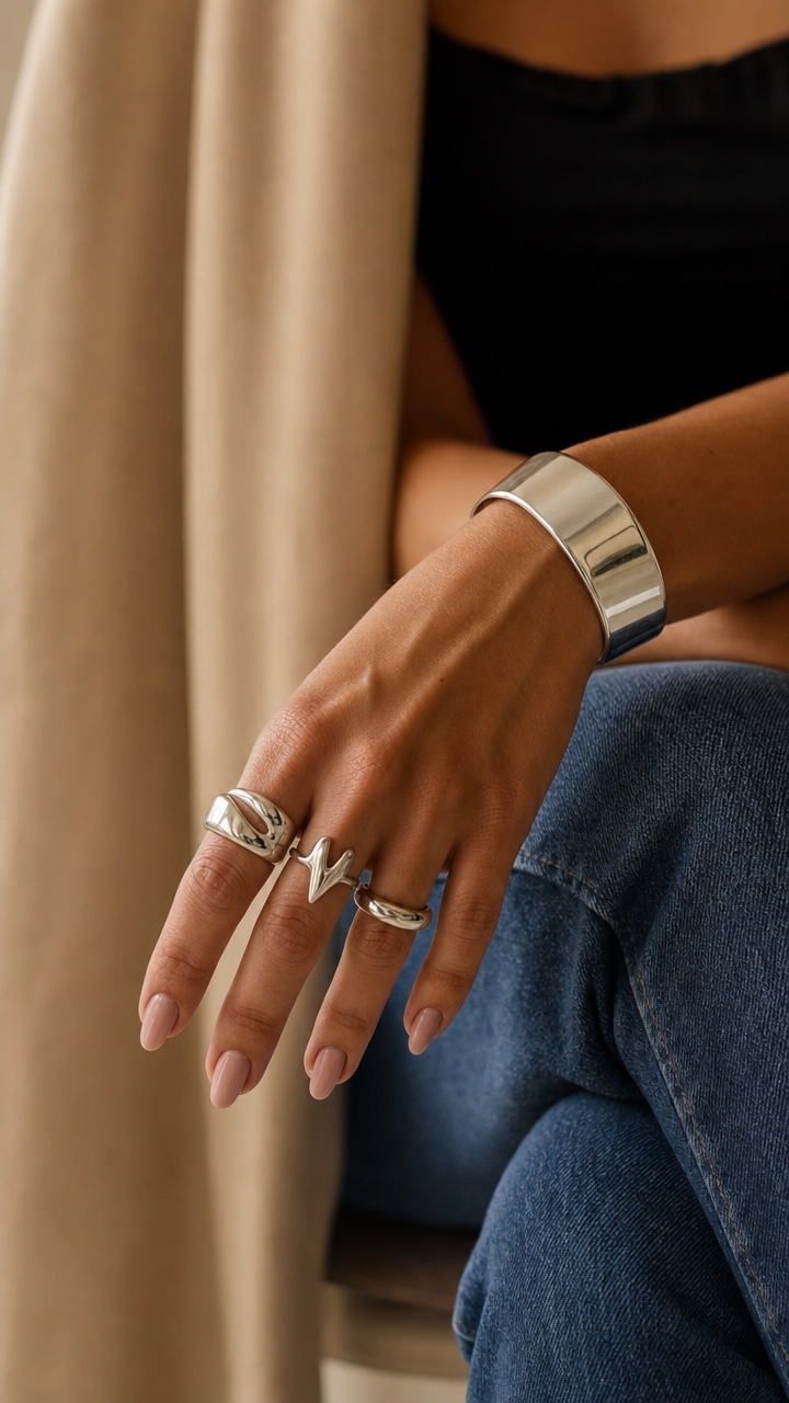Silver Jewelry on Indigo Denim Close-Up