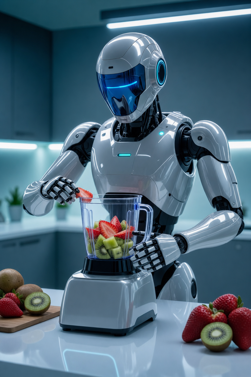 Silver Robot Blending Berries and Kiwi
