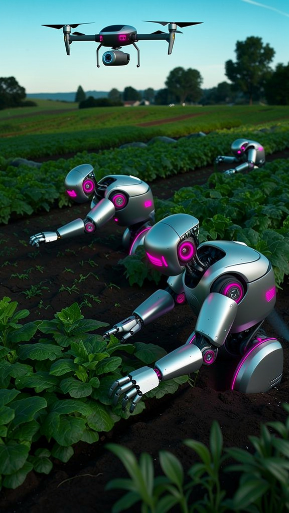 Silver robots farming teal-lit rows — flux-2-pro