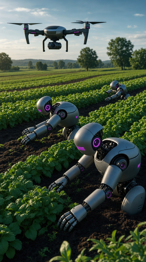 Silver robots farming teal-lit rows