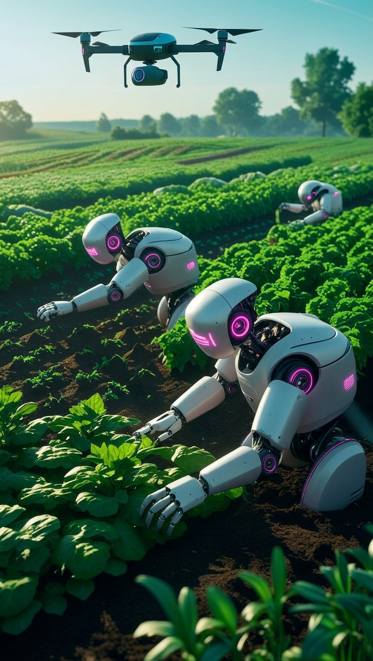 Silver robots farming teal-lit rows — nano-banana-2
