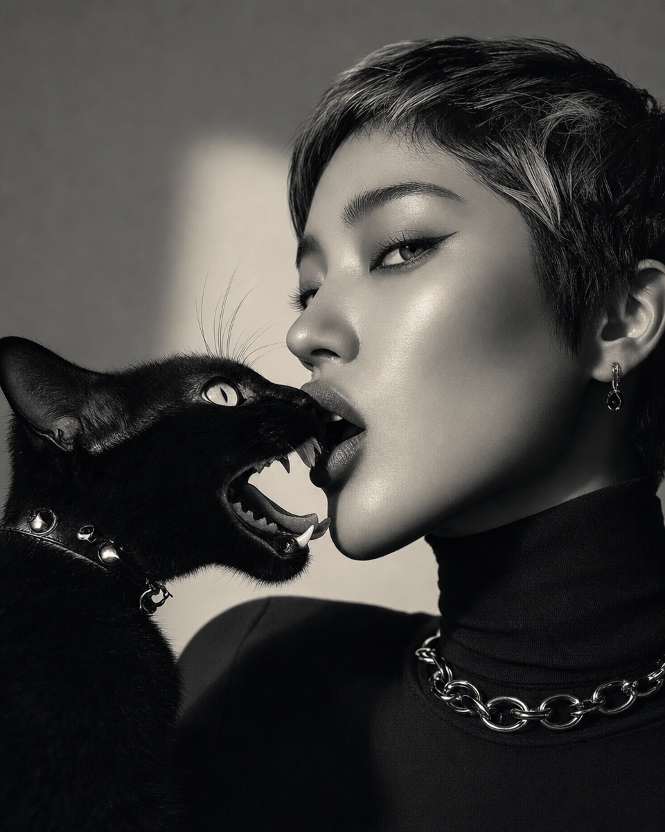 Silver-streaked gothic portrait with black cat