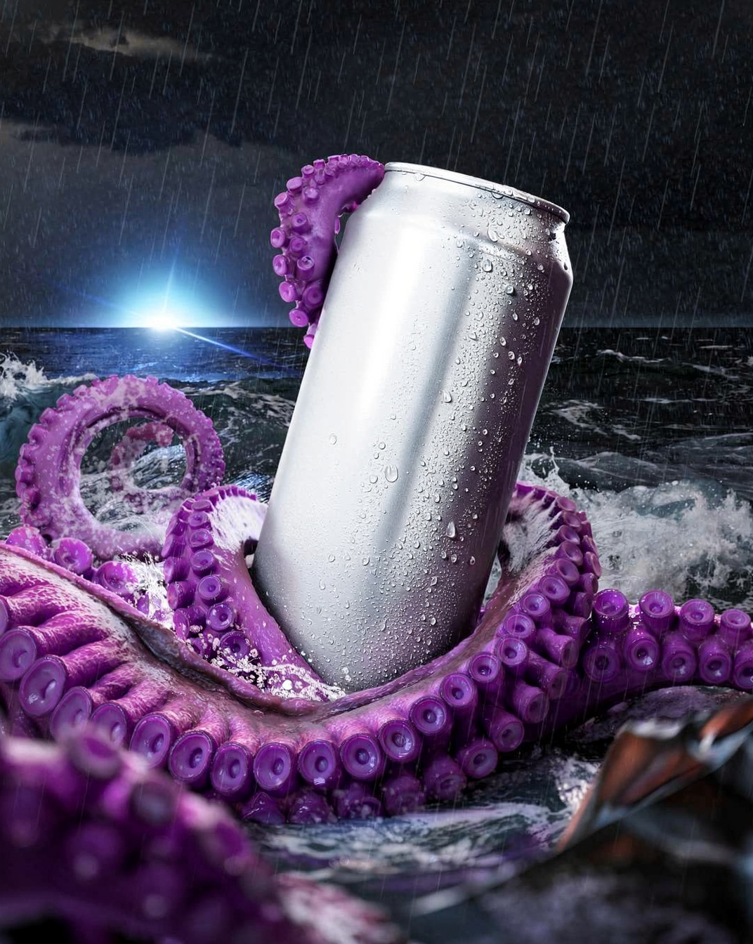 Silver zero-sugar energy can in purple octopus