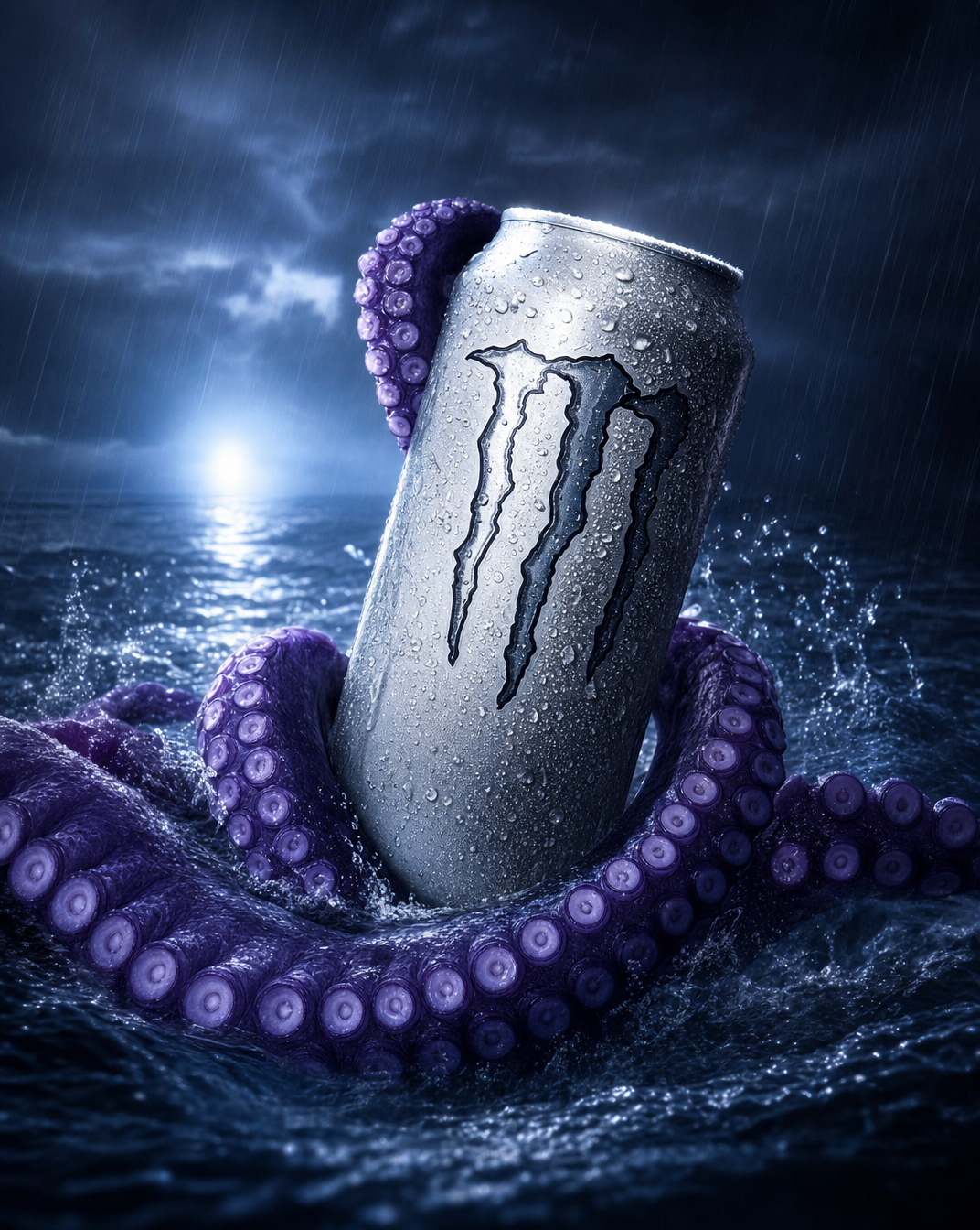 Silver zero-sugar energy can in purple octopus