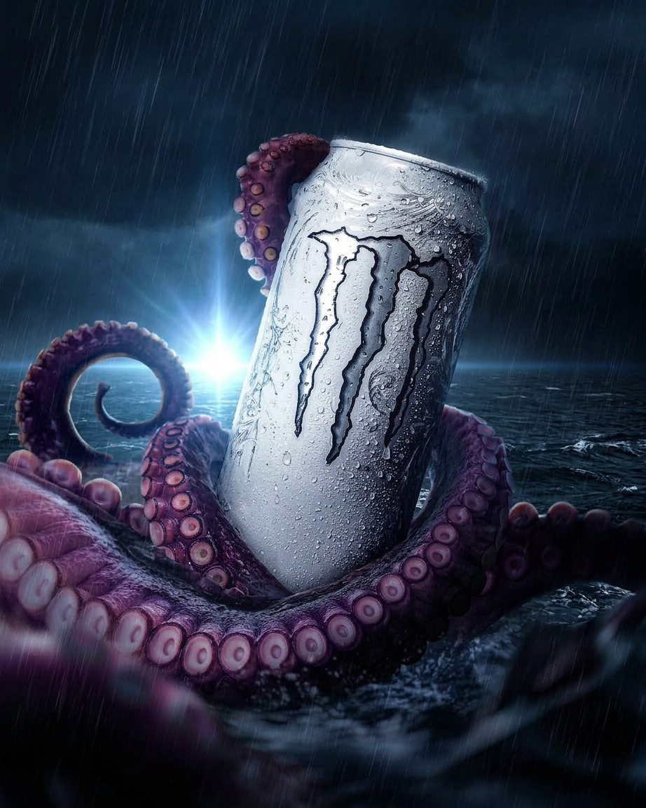 Silver zero-sugar energy can in purple octopus
