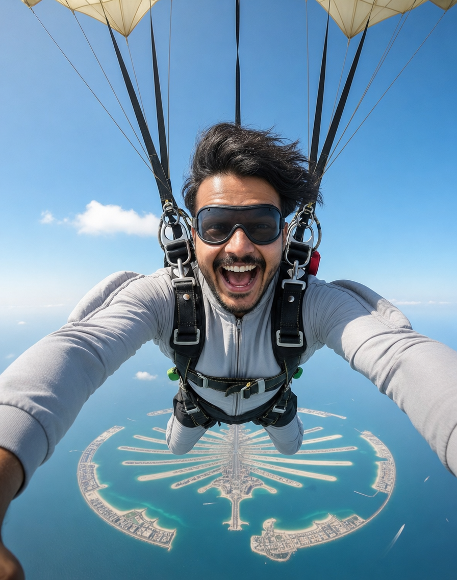 Skydiving Selfie Over Dubai Palm With Gray Suit