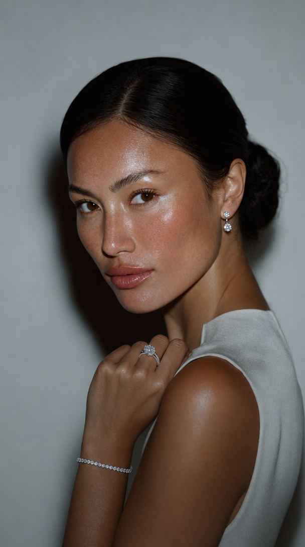 Sleek-bun diamond jewelry editorial portrait