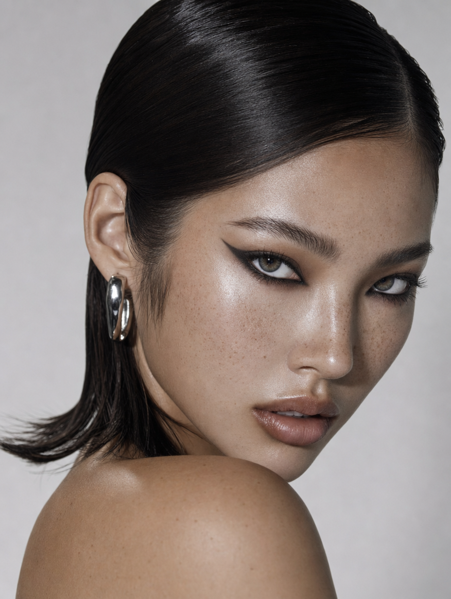 Sleek dark hair, edgy studio beauty