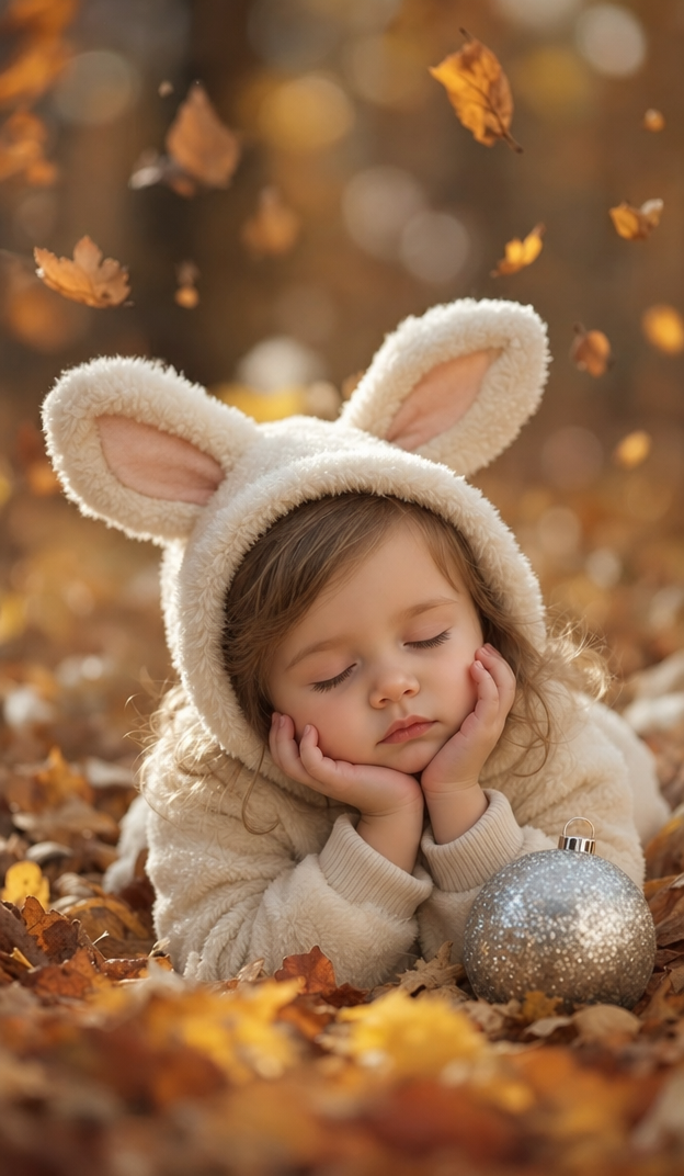 Sleeping Toddler in Bunny Outfit with Silver Ornament