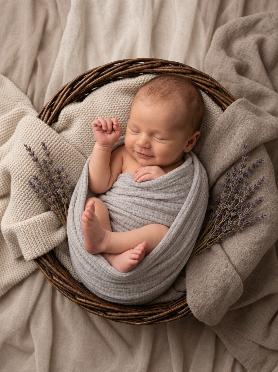 Sleeping Newborn in Wicker Basket, Gray Swaddle