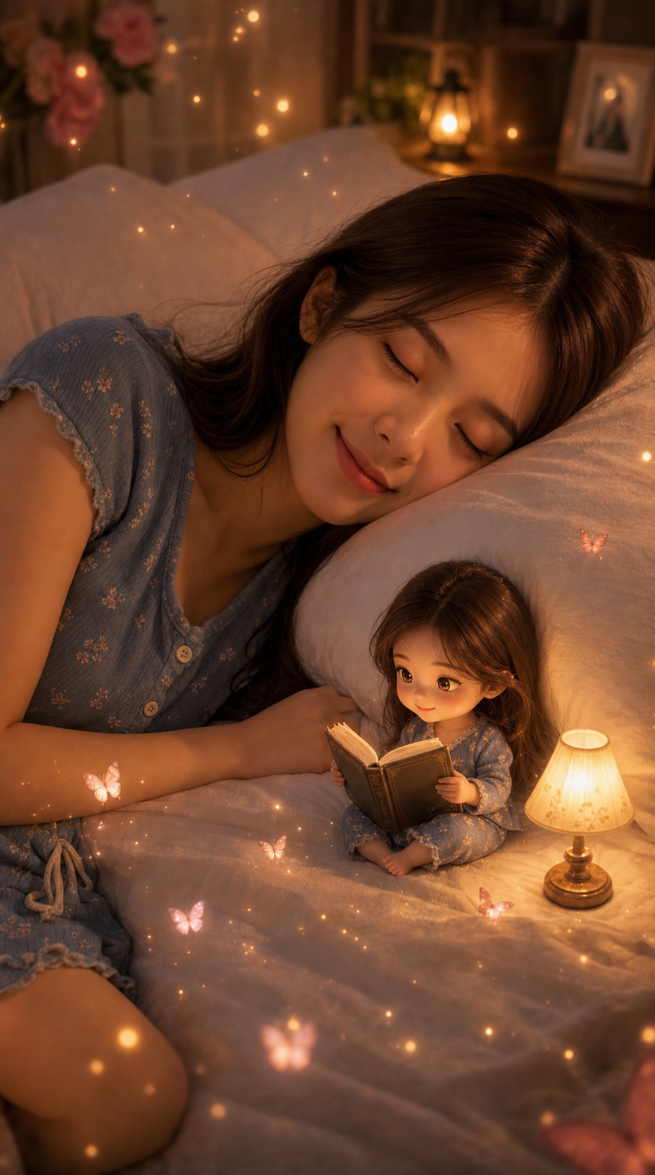 Sleeping woman in blue floral pajamas with chibi reader