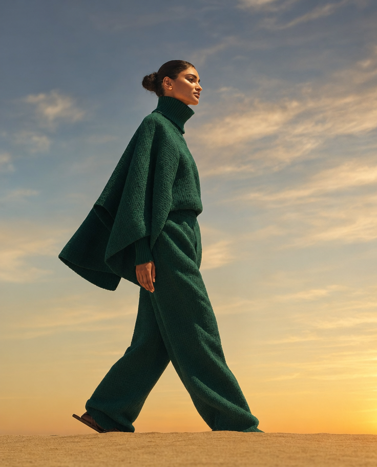 Slender woman in emerald cape sleeves stride