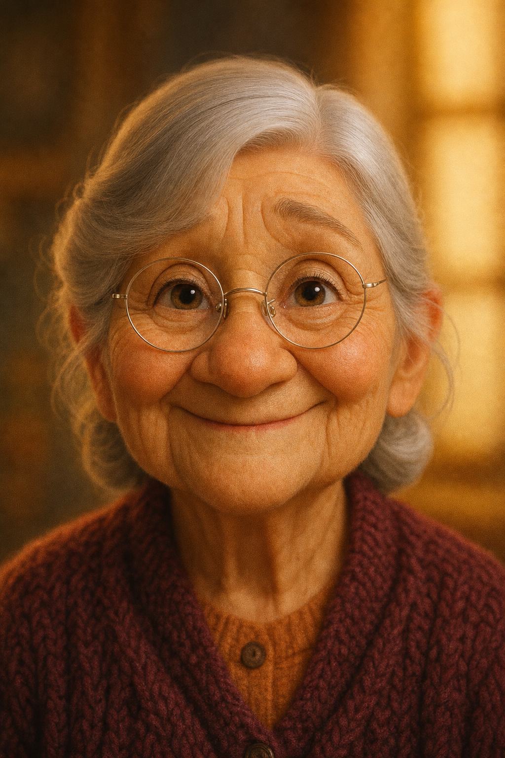 Smiling elderly woman in burgundy cardigan