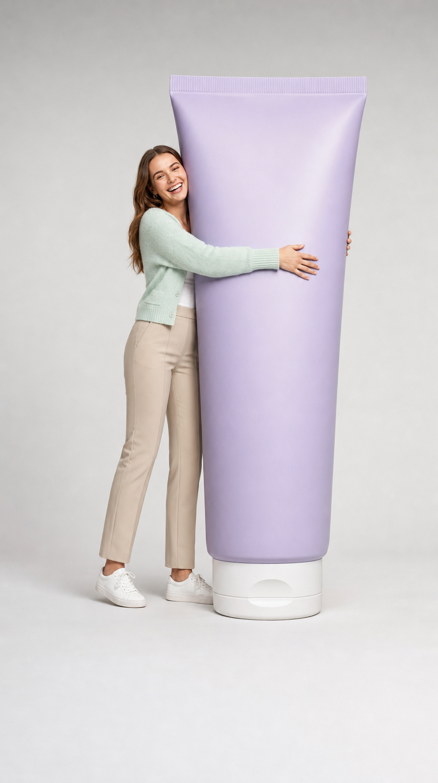 Smiling model hugs lavender lotion