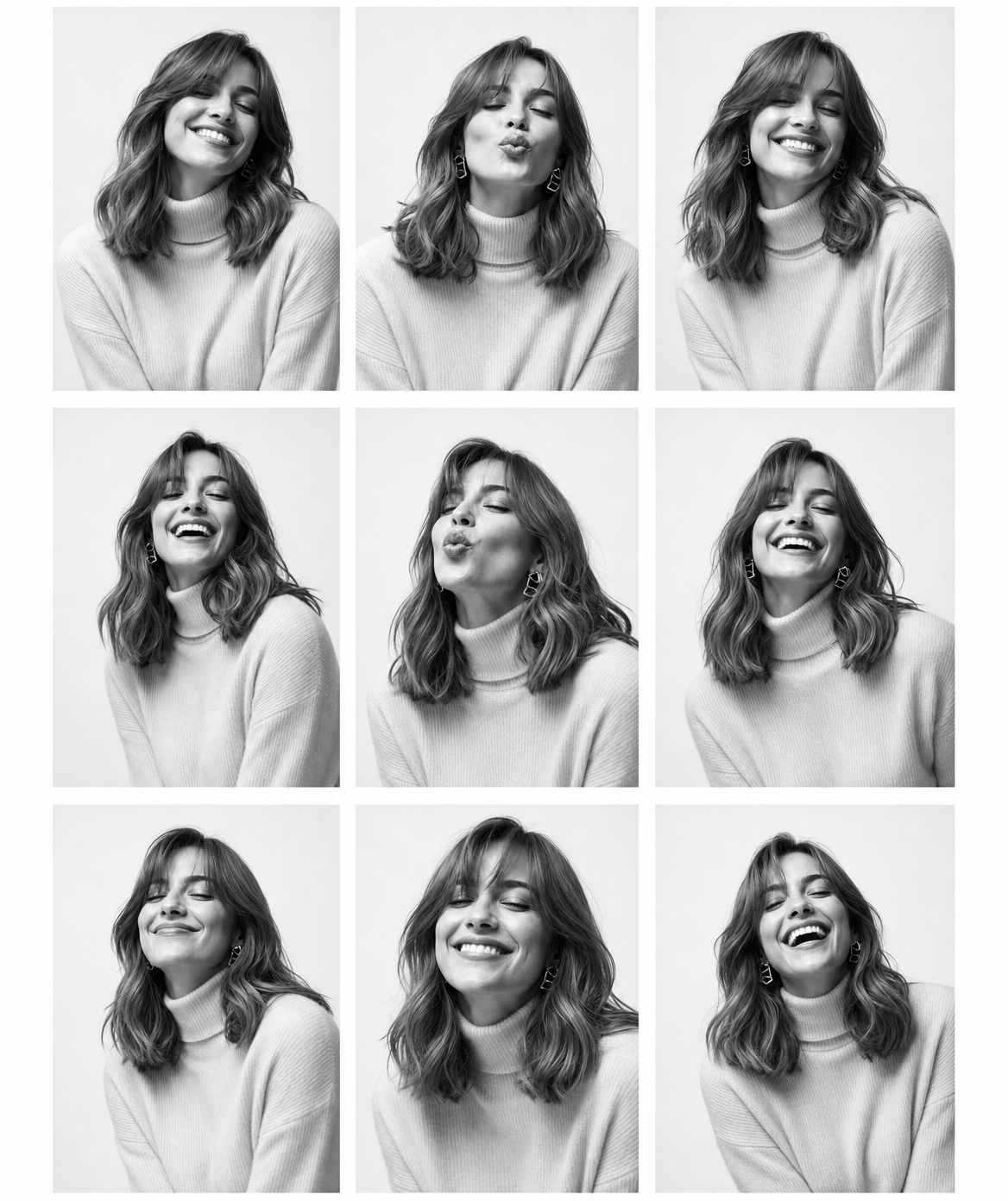 Smiling woman grid, wavy hair and light turtleneck