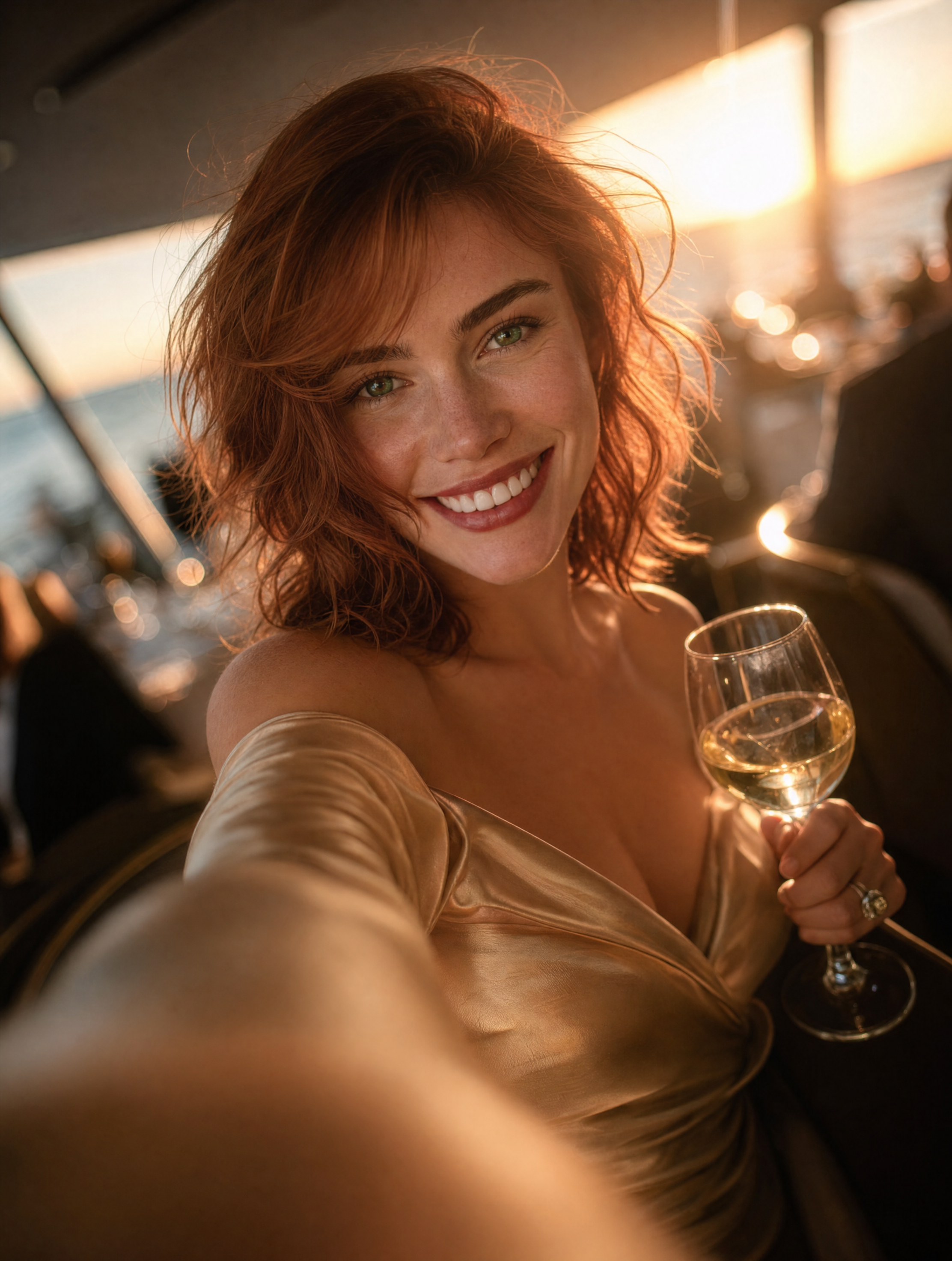 Smiling Woman in Gold Satin Glow