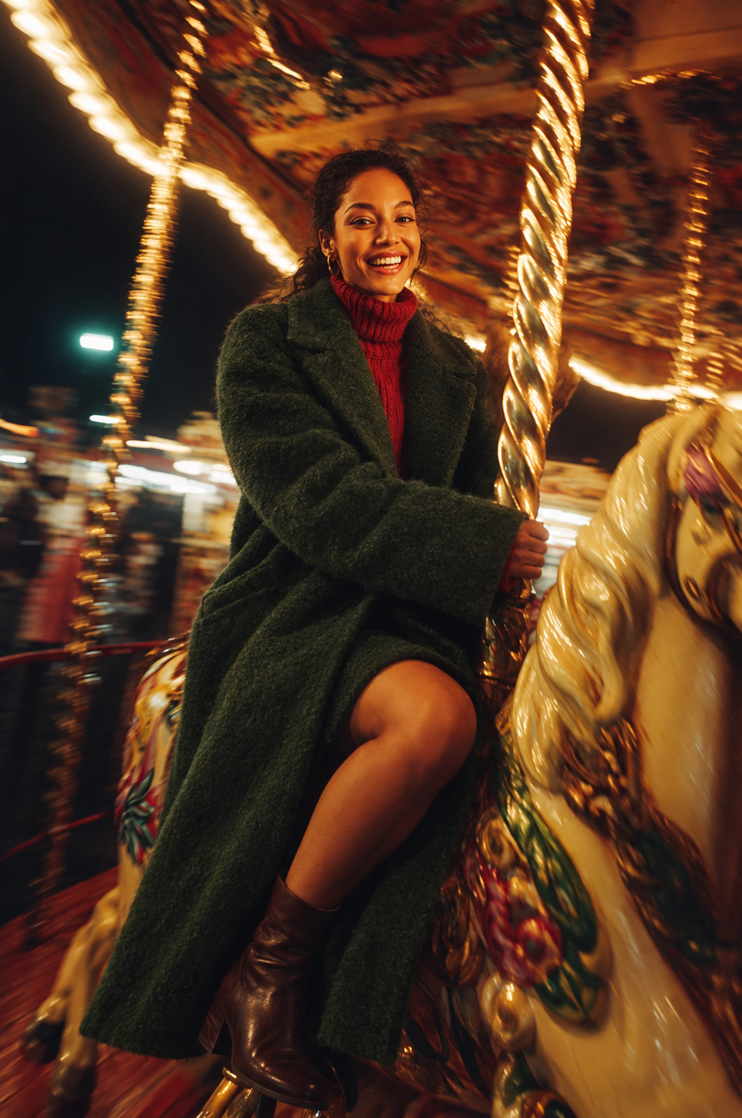 Smiling Woman in Green Overcoat on Carousel Horse