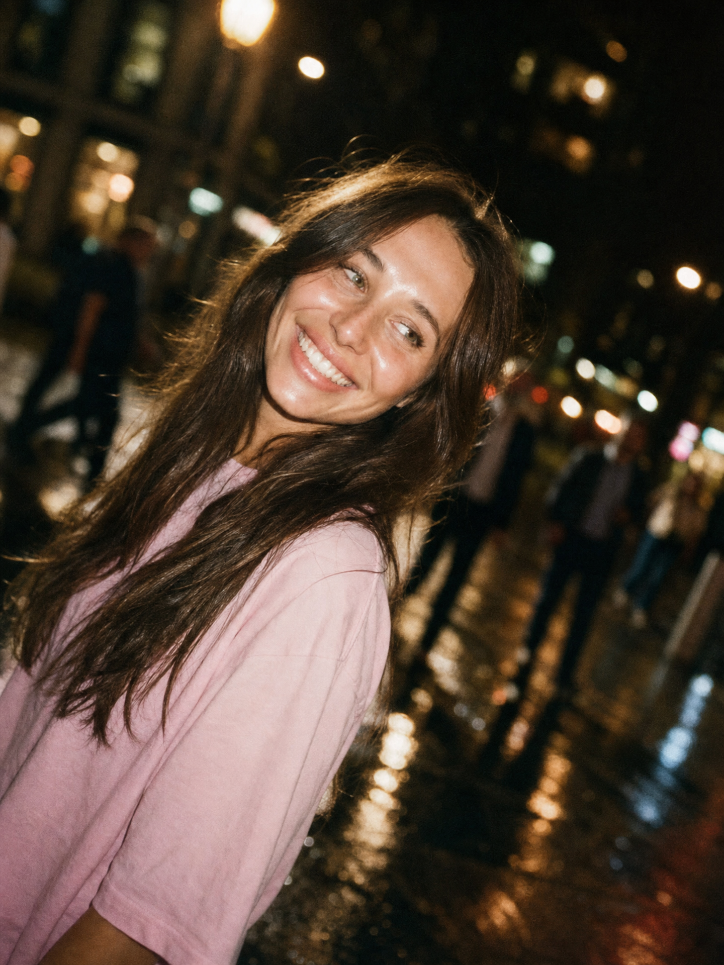 Smiling Woman in Night Street Glow