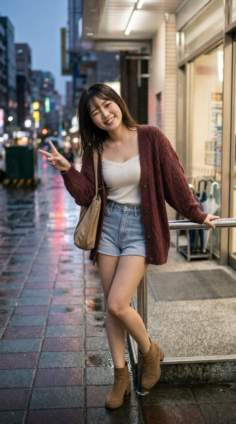 Smiling woman making a peace sign, maroon cardigan