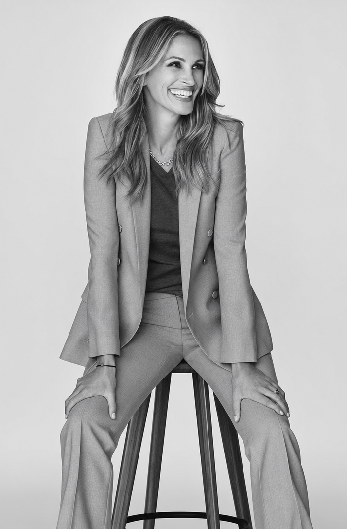 Smiling Woman on Tall Stool in Gray Suit