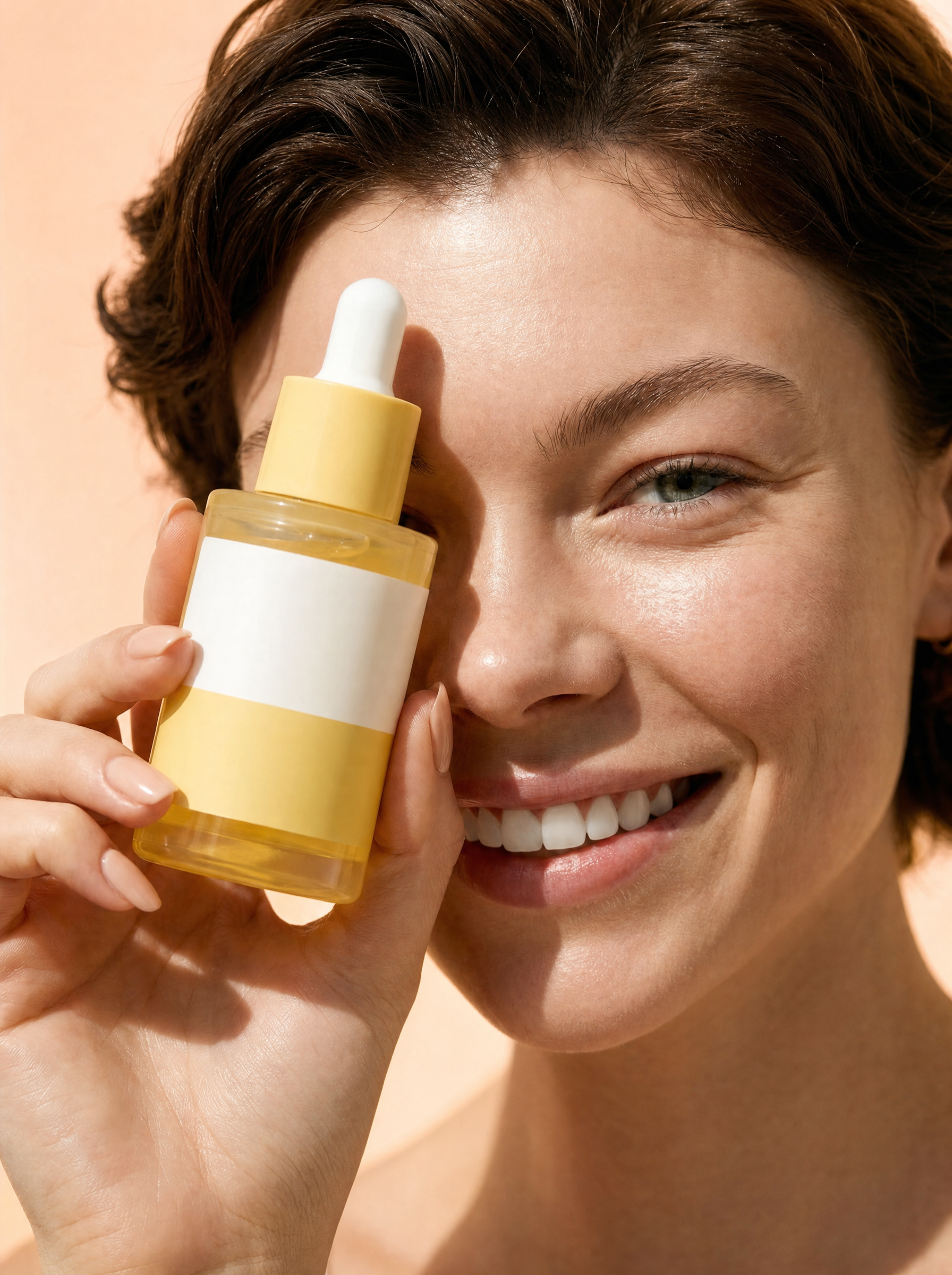 Smiling woman with amber serum glow