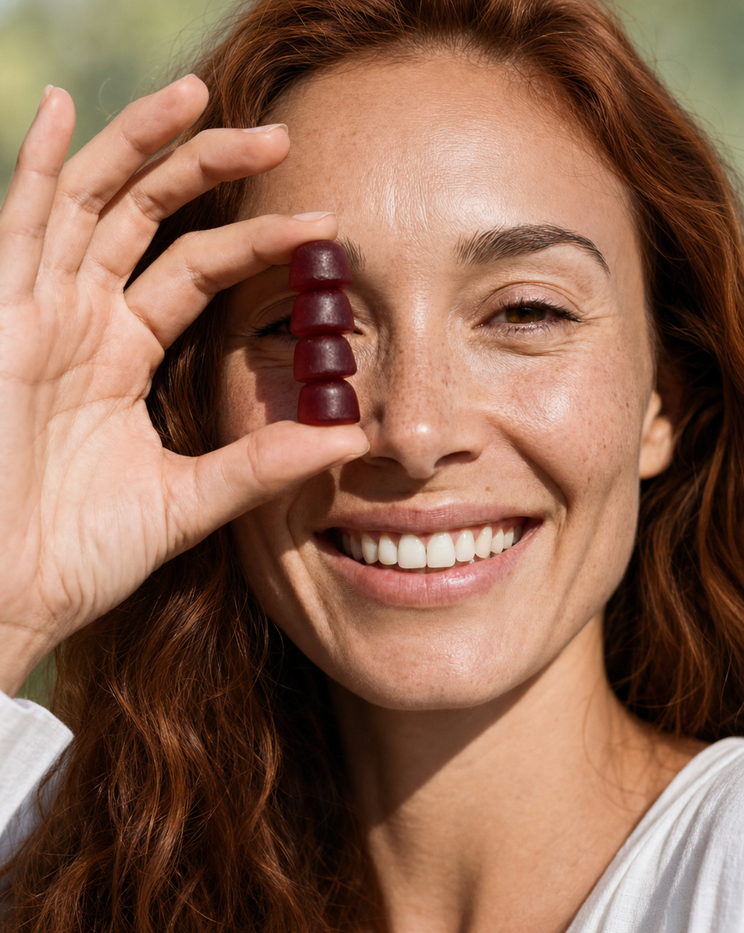 Smiling woman with auburn hair holding berry gummies