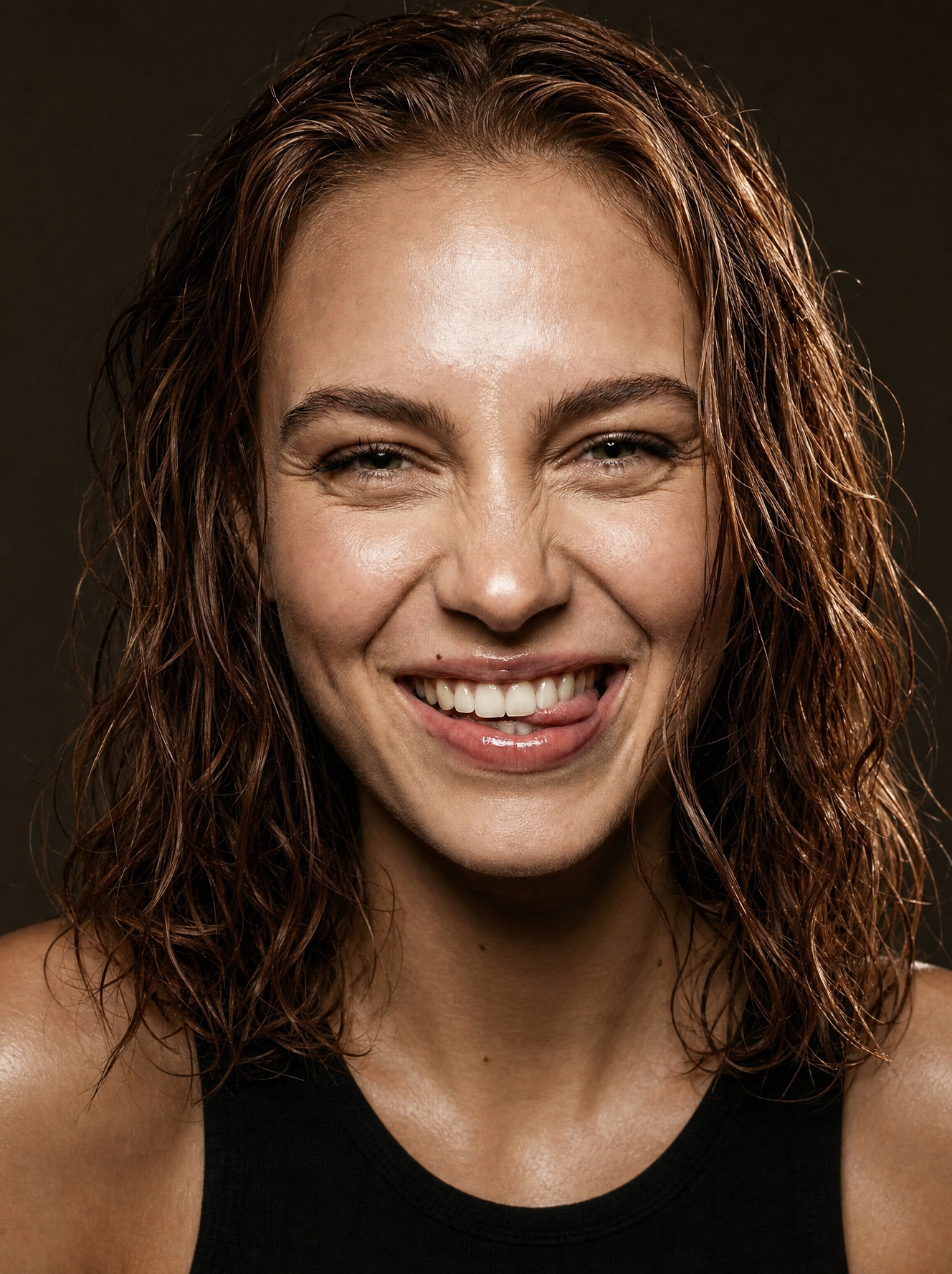 Smiling woman with wet auburn hair