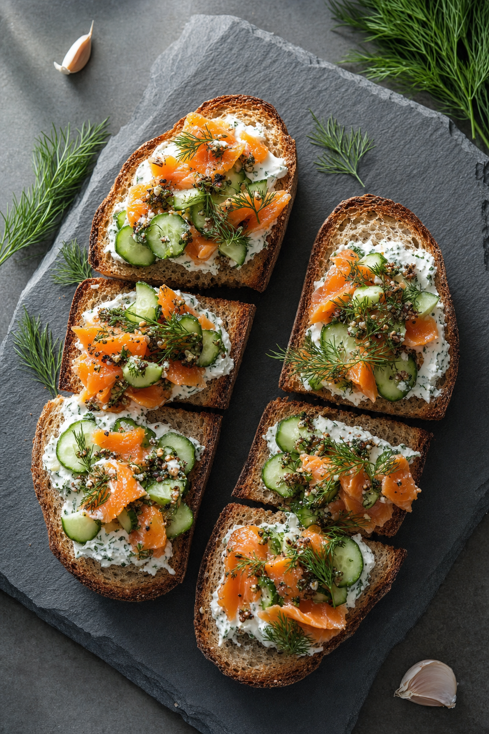 Smoked salmon crostini with cool green dill