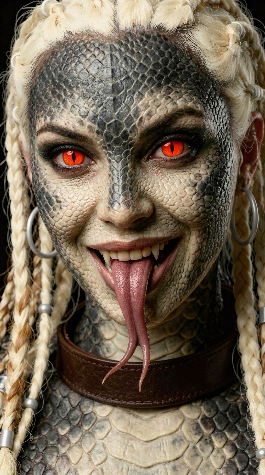 Snake-like Woman With Red Eyes and Silver Jewelry