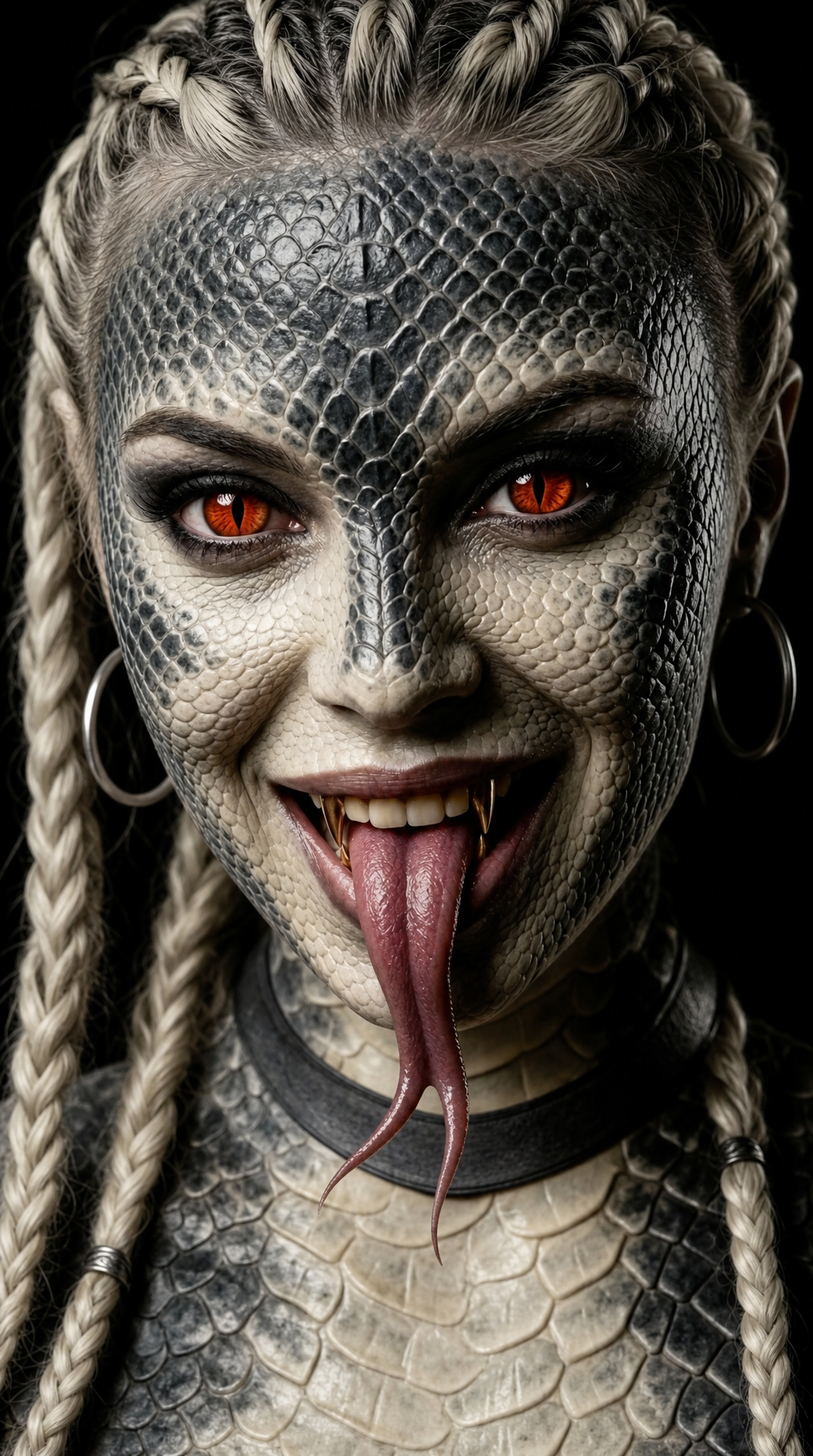 Snake-like Woman With Red Eyes and Silver Jewelry