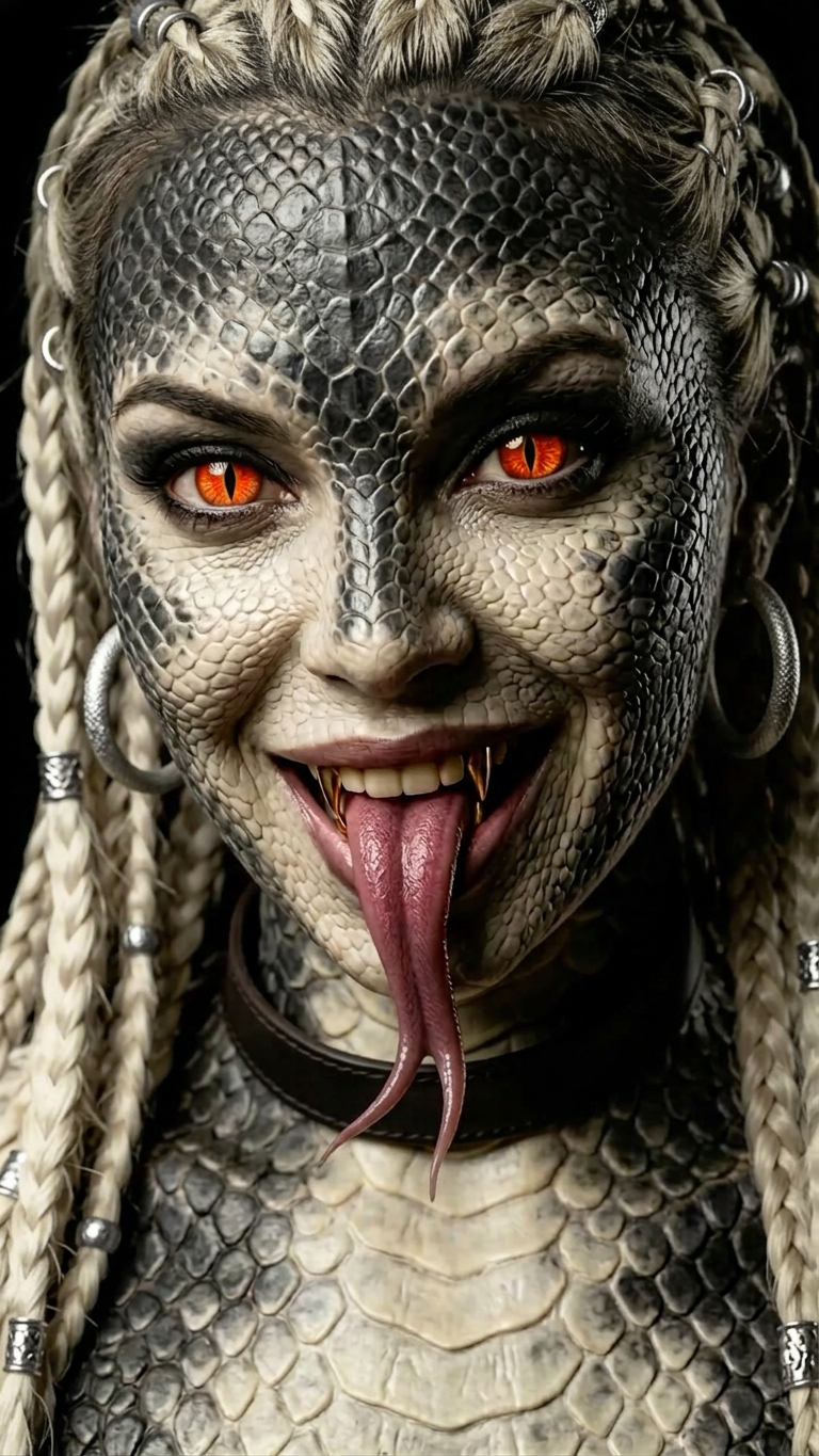 Snake-like Woman With Red Eyes and Silver Jewelry