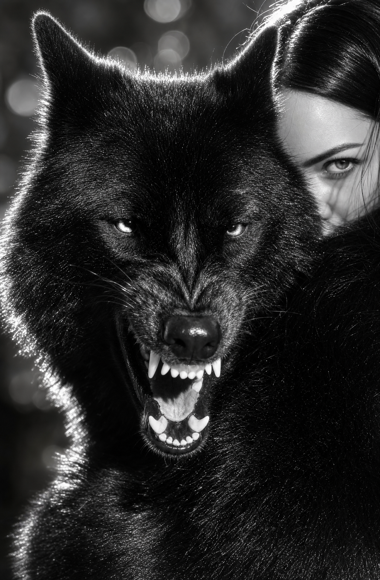 Snarling Wolf With Shadowed Woman