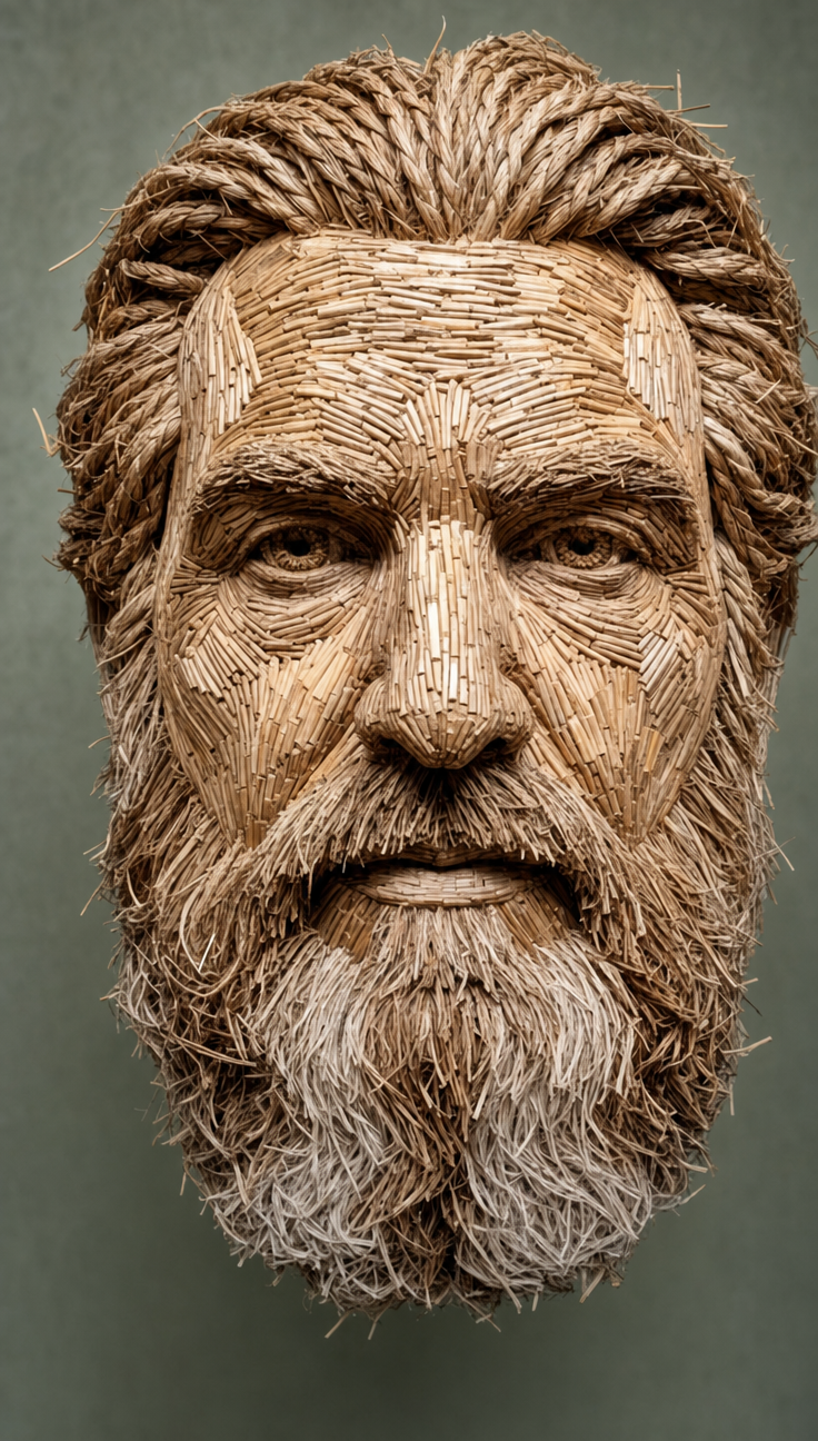 Solemn straw-sculpted elder portrait
