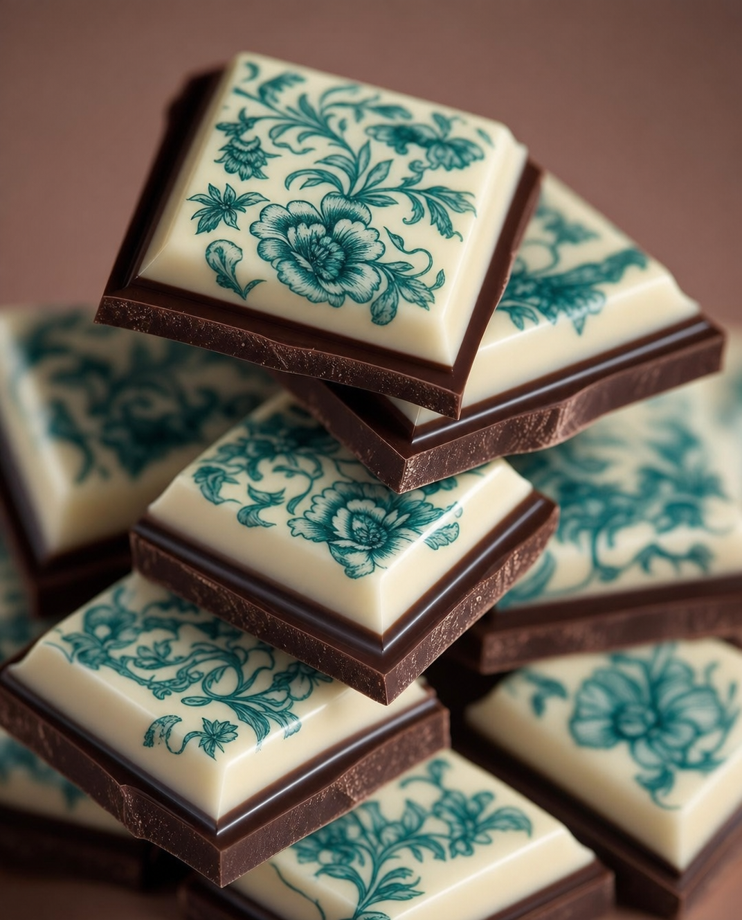 Stacked chocolates with teal porcelain tops