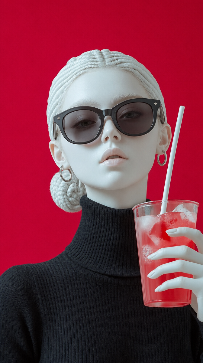 Statue-like woman with black sunglasses holding pink drink