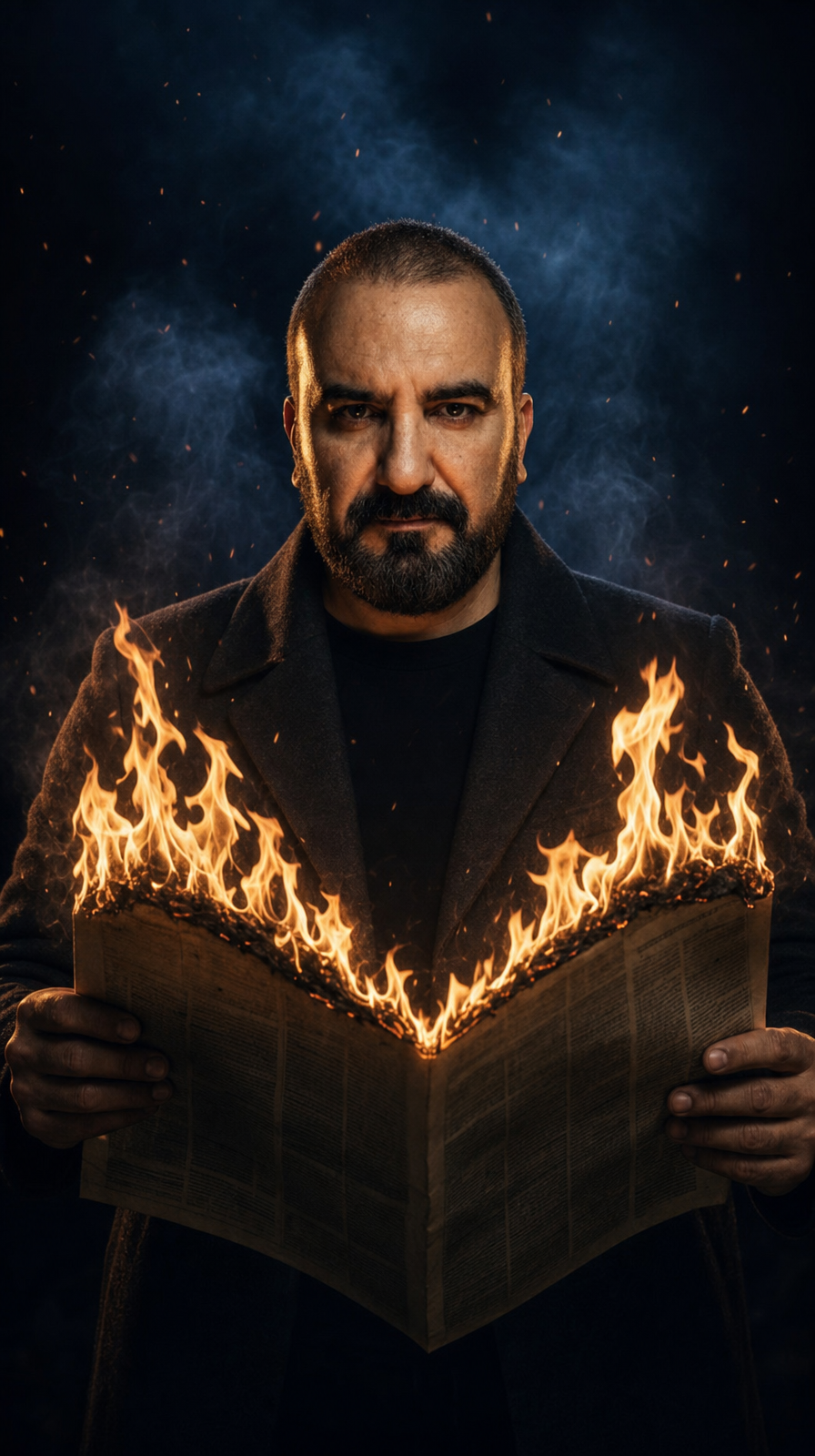Stern Man With Burning Newspaper