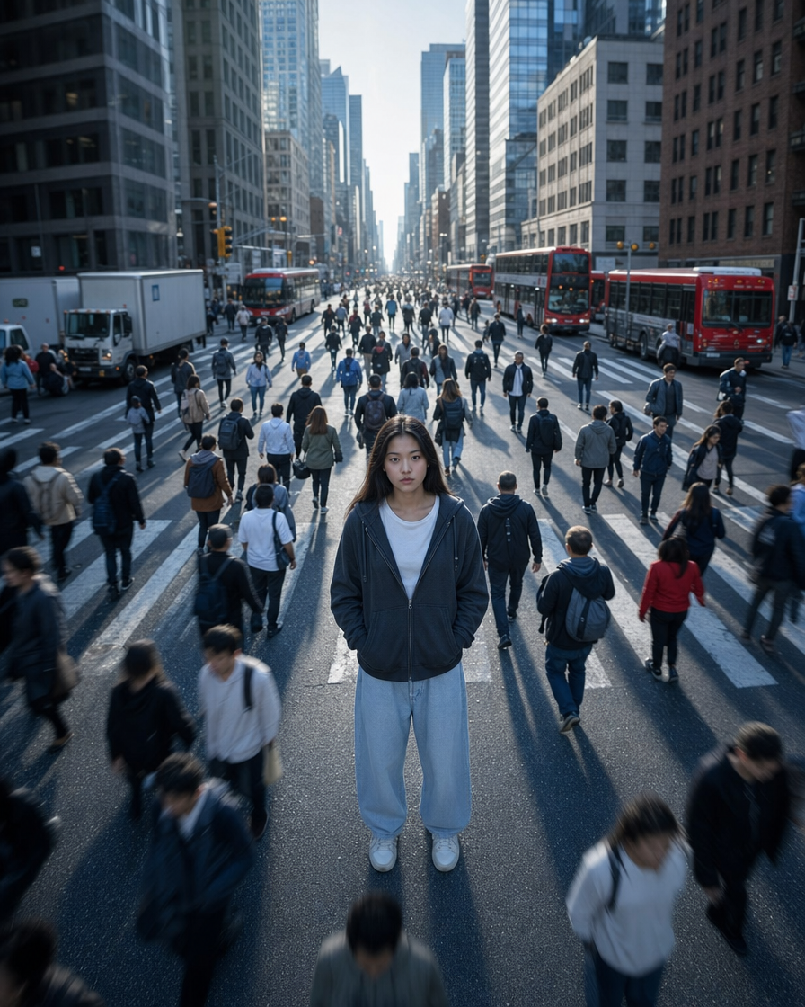 Still Figure Amid Morning City Rush