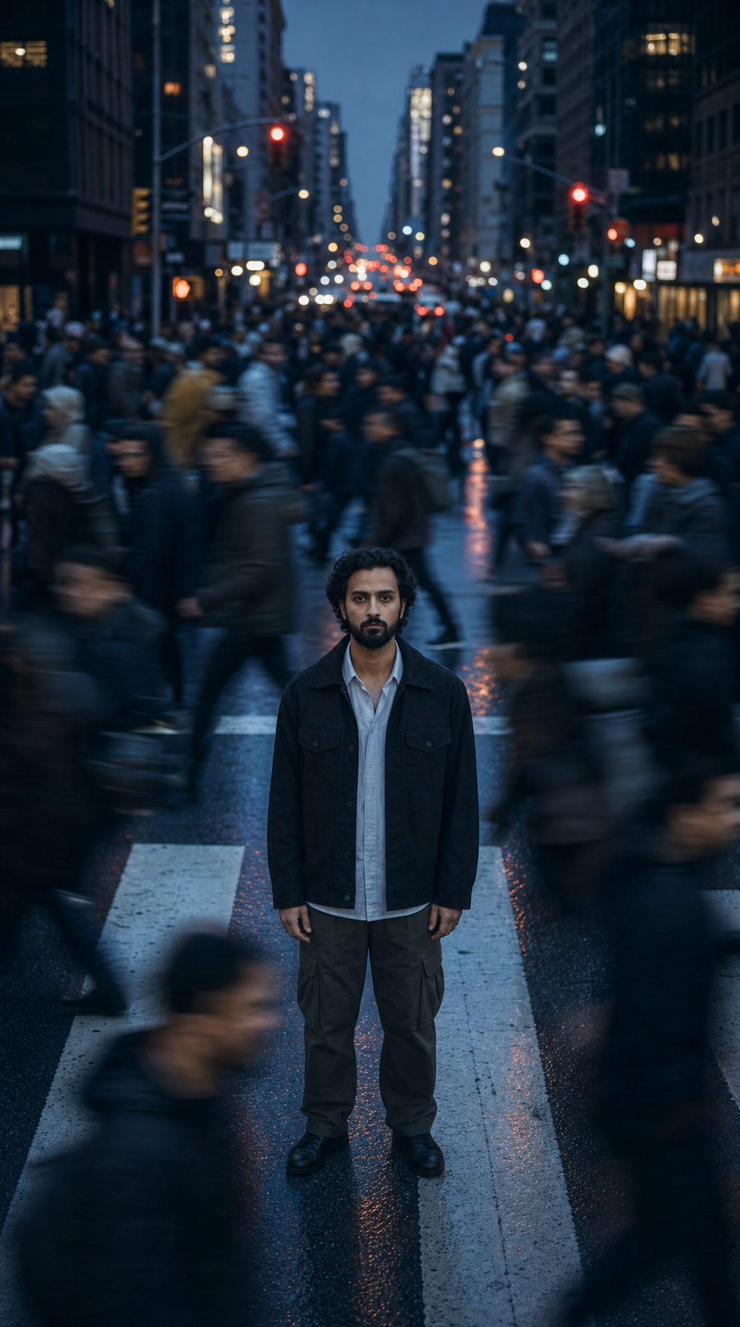Still Man at Dusk Crosswalk