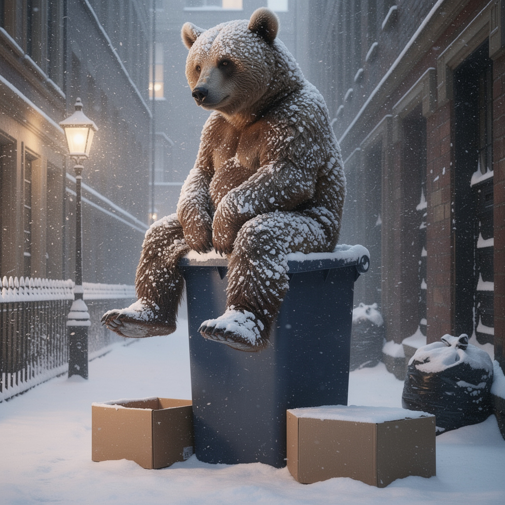 Stuffed Bear on Winter Dumpster at Dawn