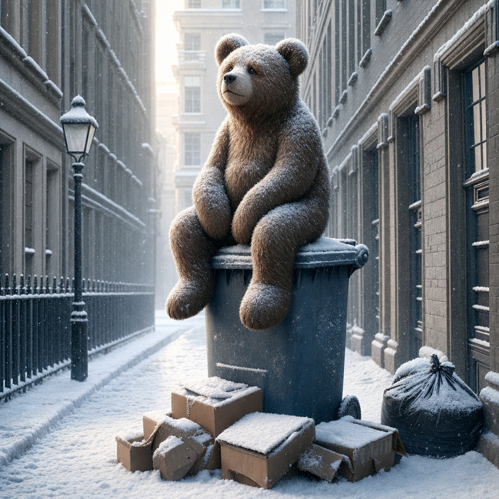 Stuffed Bear on Winter Dumpster at Dawn