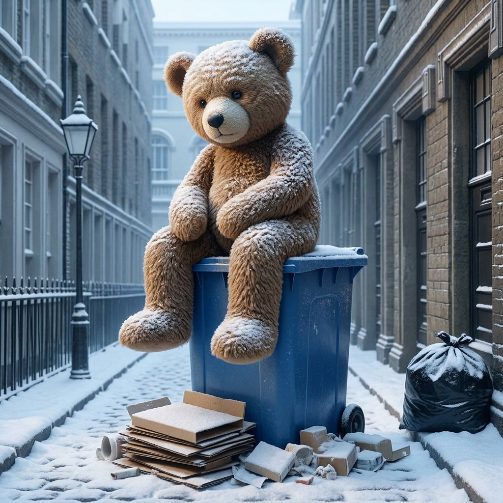 Stuffed Bear on Winter Dumpster at Dawn — nano-banana-2