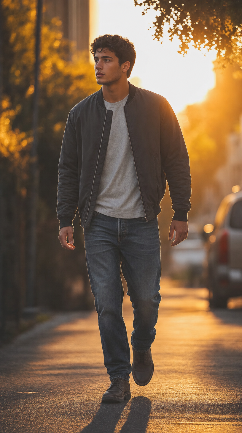 Stylish man in charcoal bomber walking at sunset