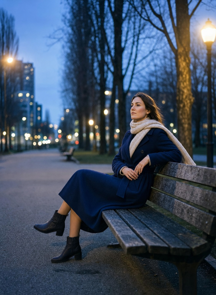Stylish woman on bench in twilight navy coat
