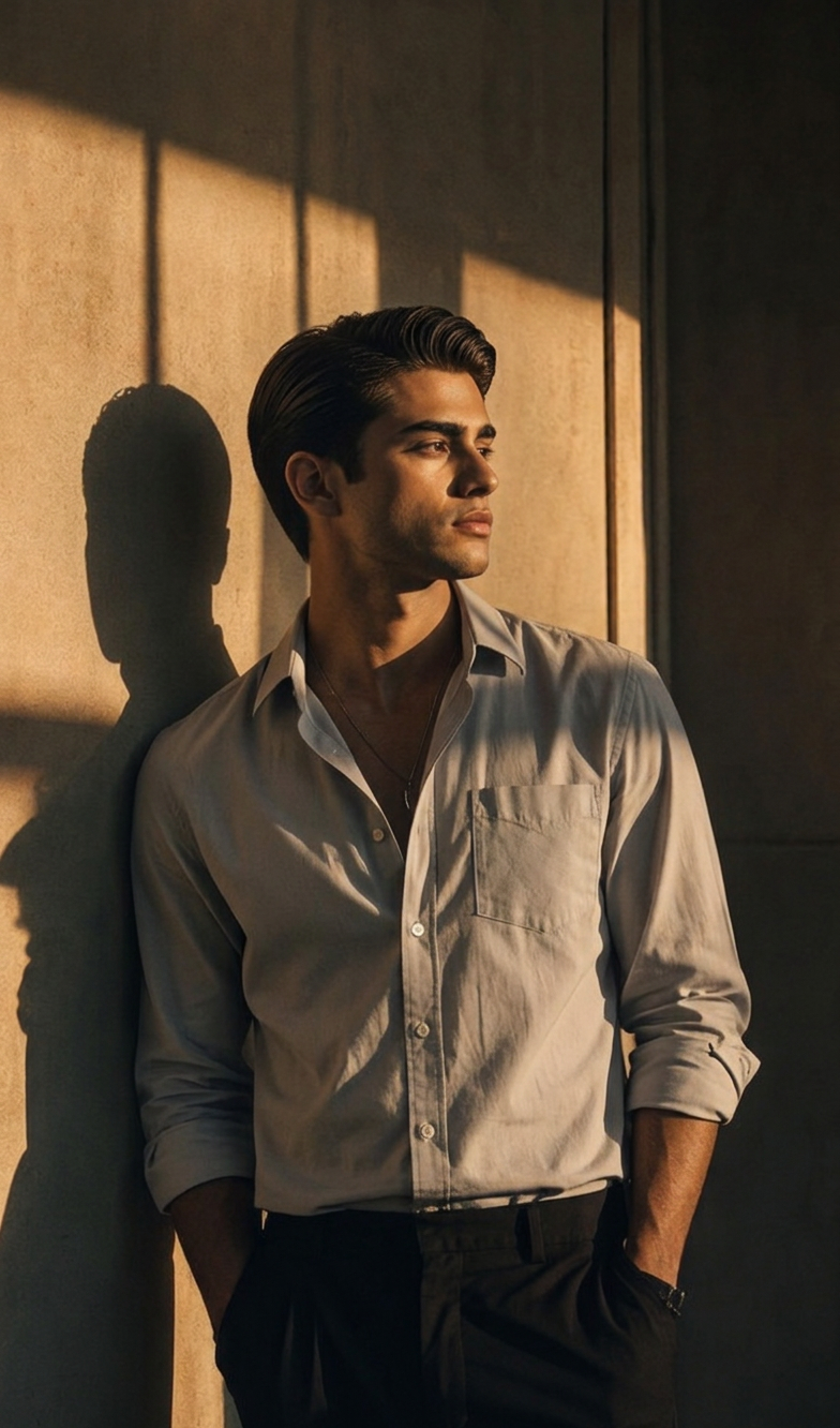 Stylish young man in light gray shirt