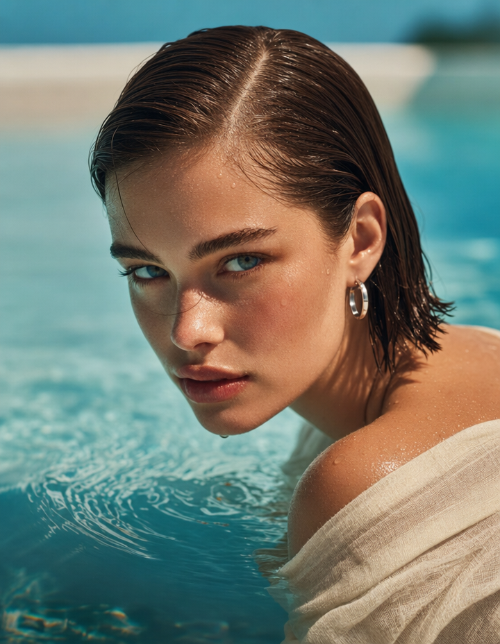 Sunlit pool portrait in cream linen