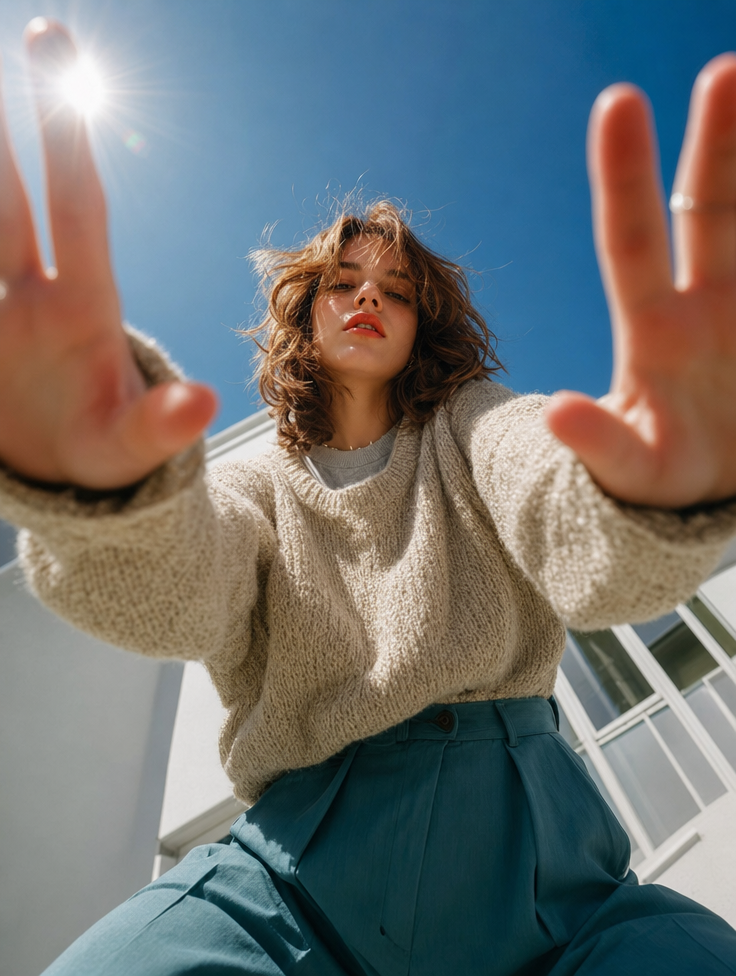 Sunlit Upward Reach Fashion Portrait