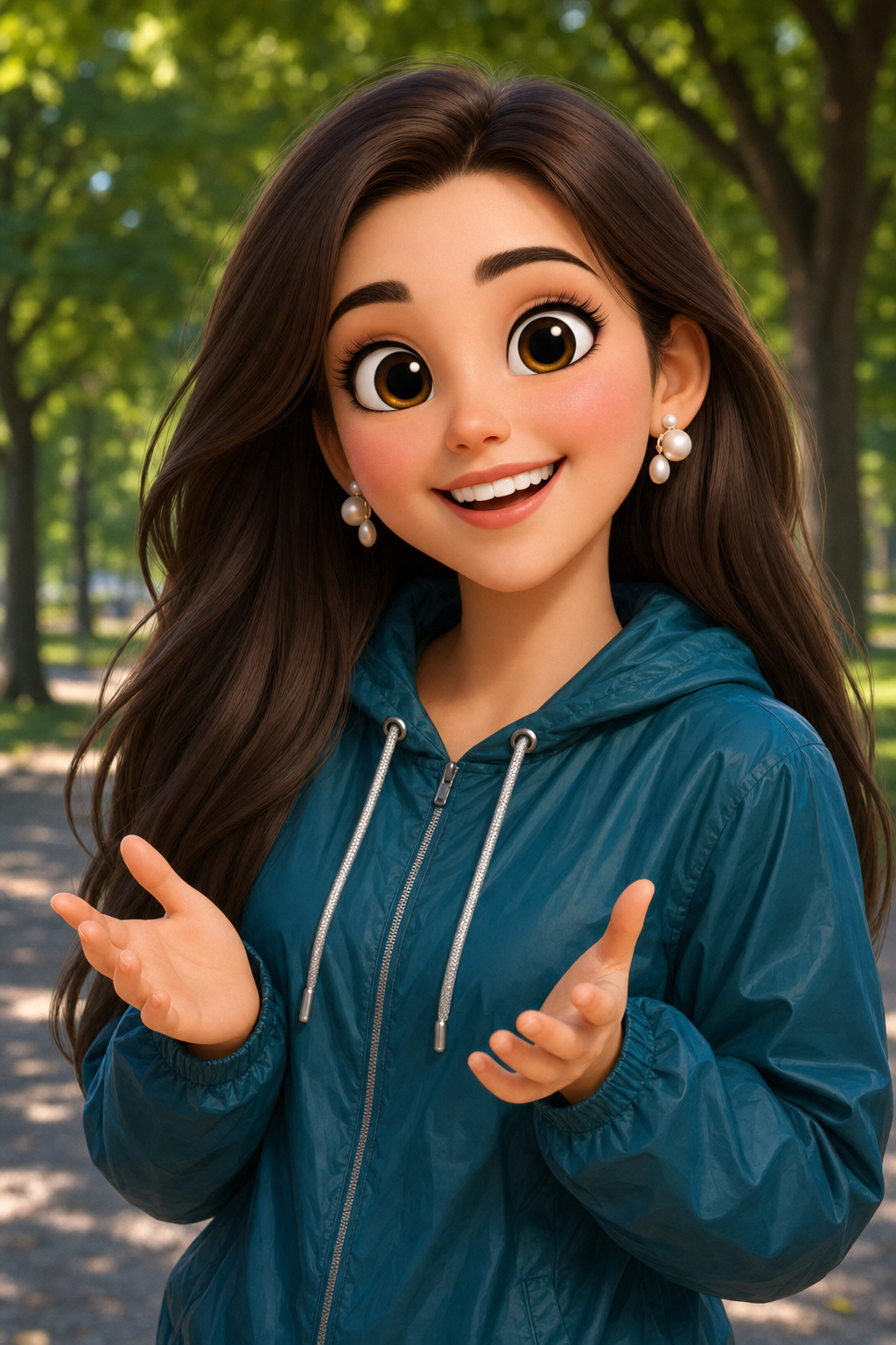 Cheerful 3D Cartoon Woman in Teal Windbreaker
