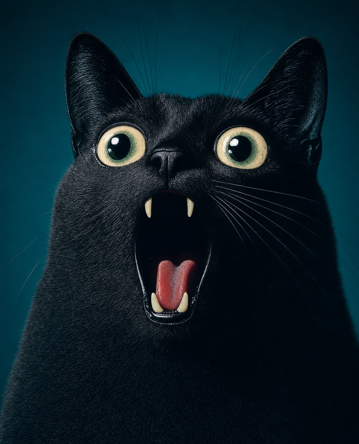 Surprised Black Cat in Teal Glow