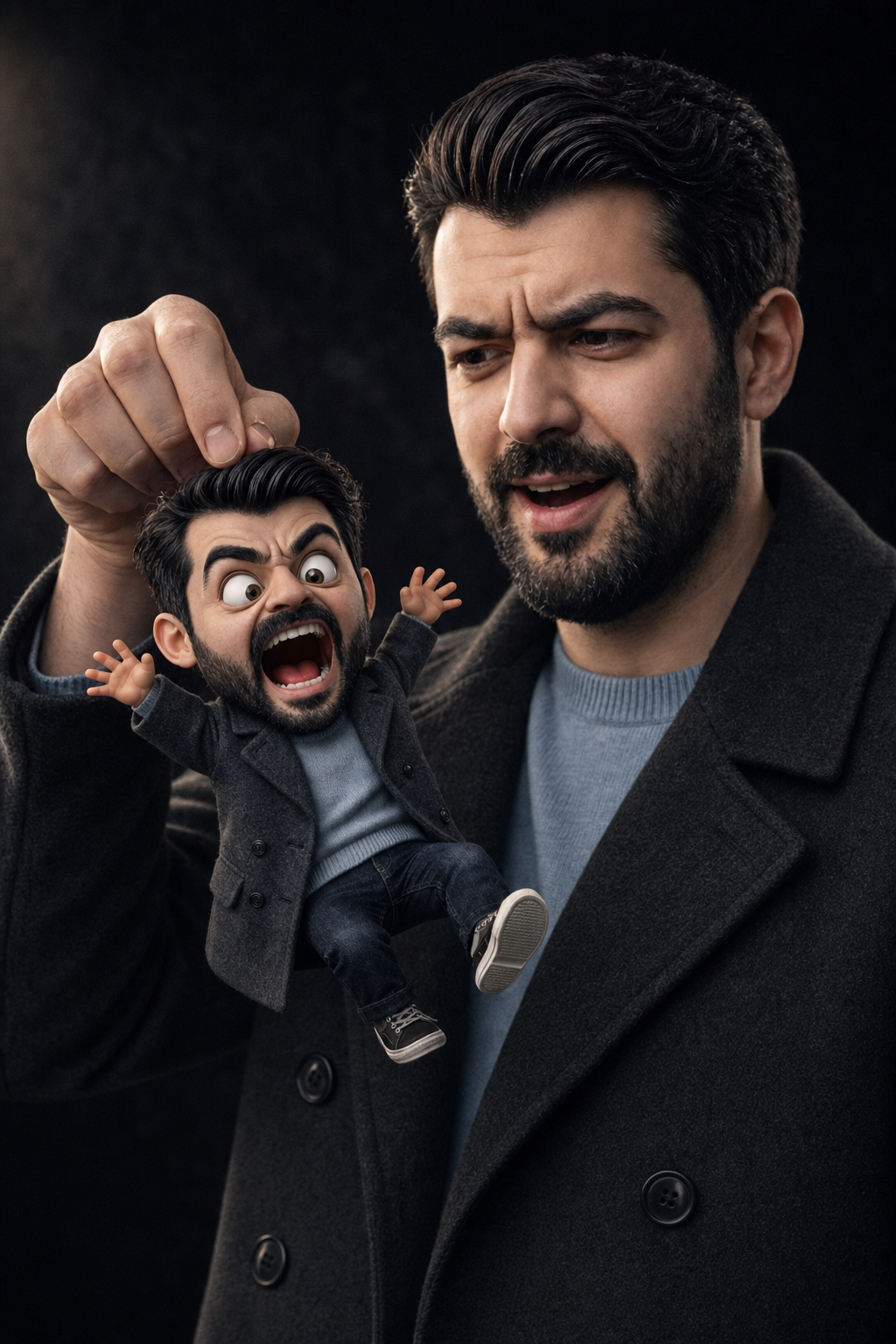 Surprised Man Holding Mini Cartoon Self