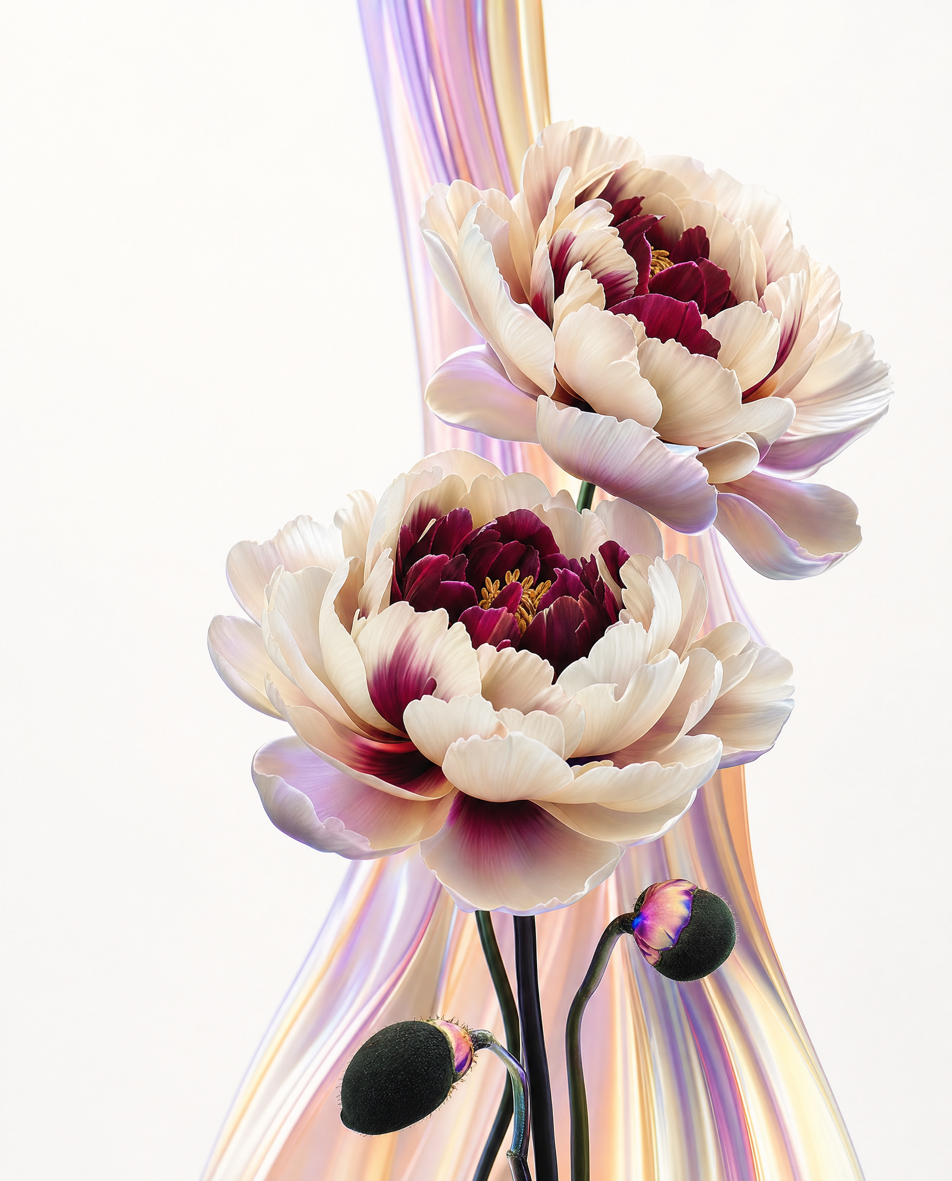Ethereal Peonies with Iridescent Vertical Trails